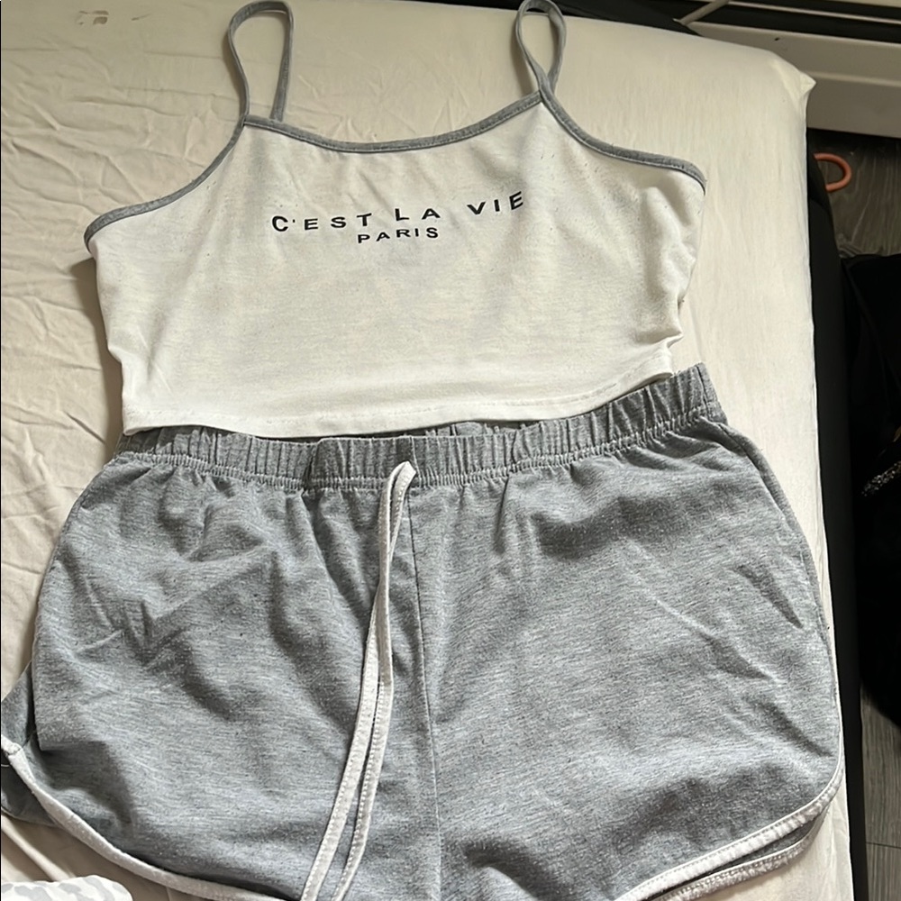 White and Gray C'est La Vie Paris Tank and Shorts Set